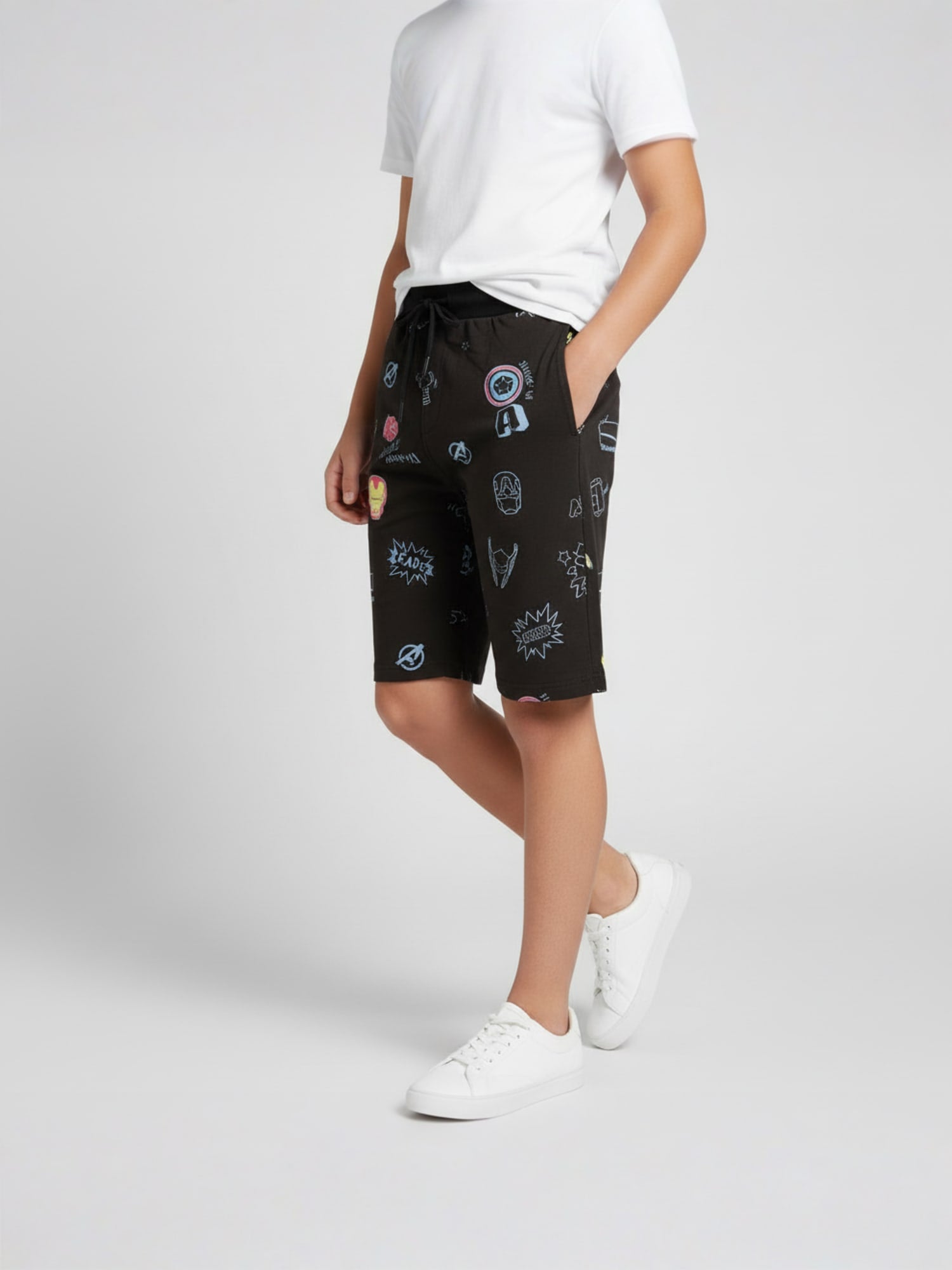 NAVY BLUE LYCRA PRINT SHORTS WITH 2 SIDE ZIPPERS