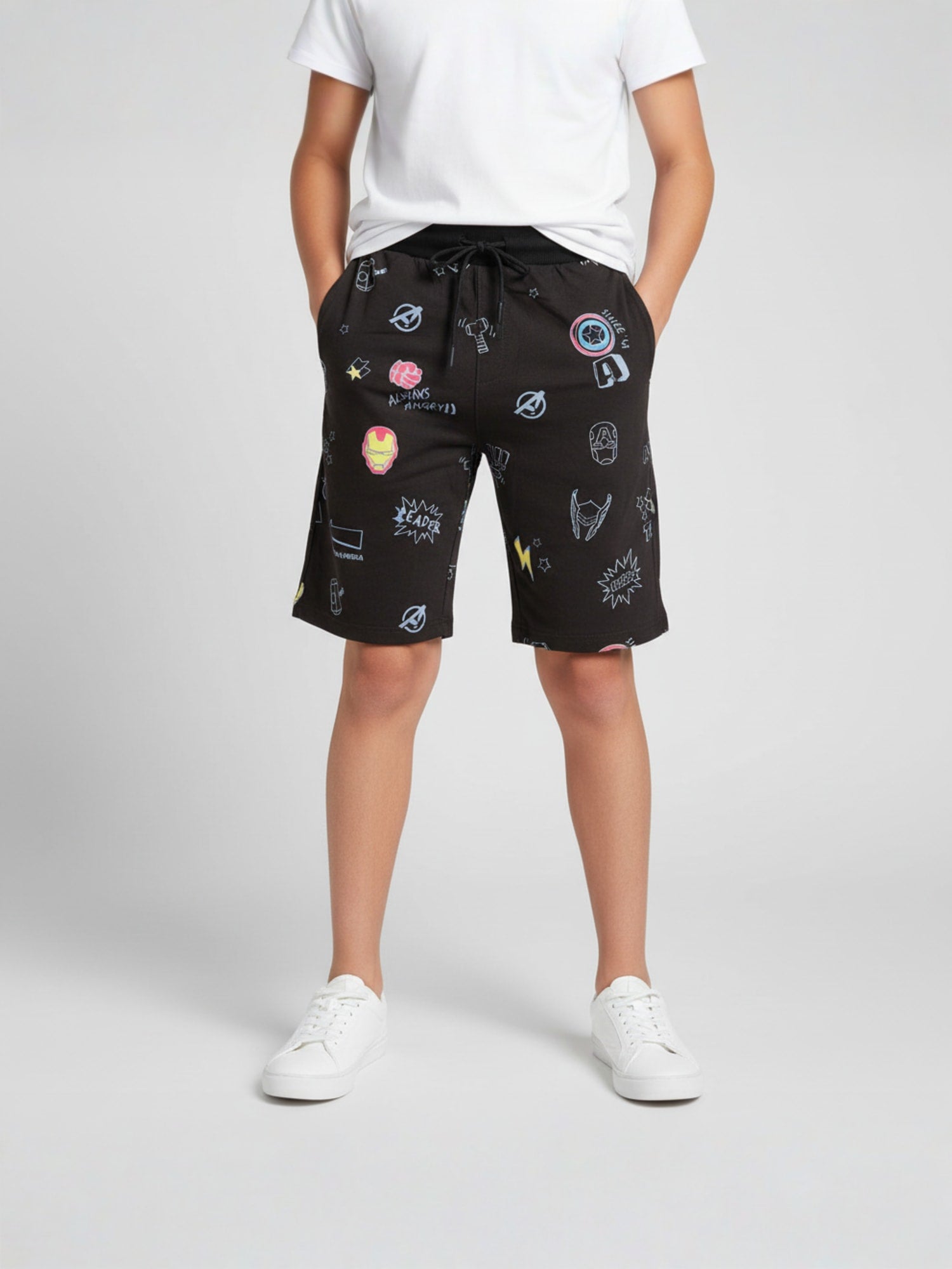 NAVY BLUE LYCRA PRINT SHORTS WITH 2 SIDE ZIPPERS