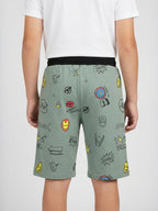 OLIVE LYCRA PRINT SHORTS WITH 2 SIDE ZIPPERS