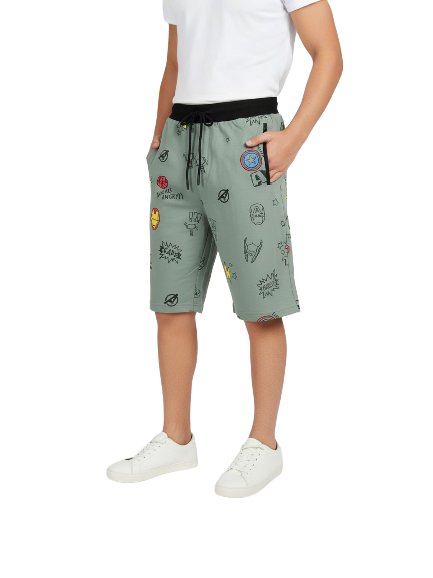 OLIVE LYCRA PRINT SHORTS WITH 2 SIDE ZIPPERS