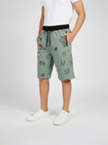 OLIVE LYCRA PRINT SHORTS WITH 2 SIDE ZIPPERS