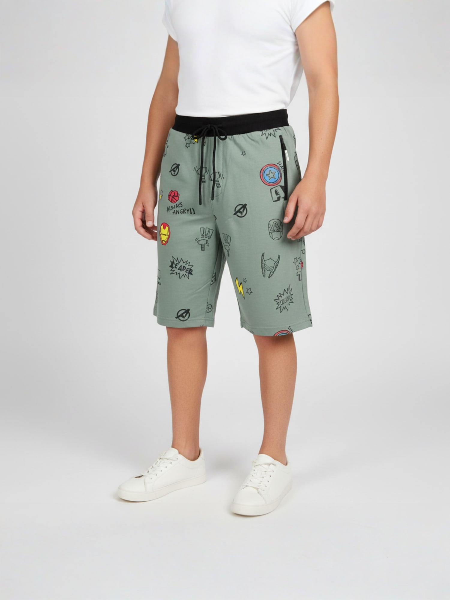 OLIVE LYCRA PRINT SHORTS WITH 2 SIDE ZIPPERS
