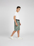OLIVE LYCRA PRINT SHORTS WITH 2 SIDE ZIPPERS