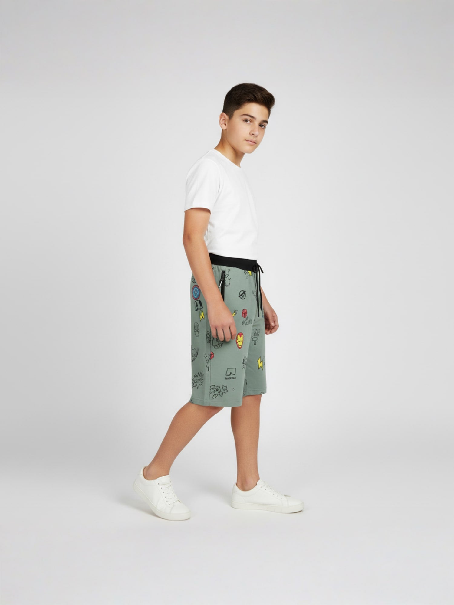 OLIVE LYCRA PRINT SHORTS WITH 2 SIDE ZIPPERS
