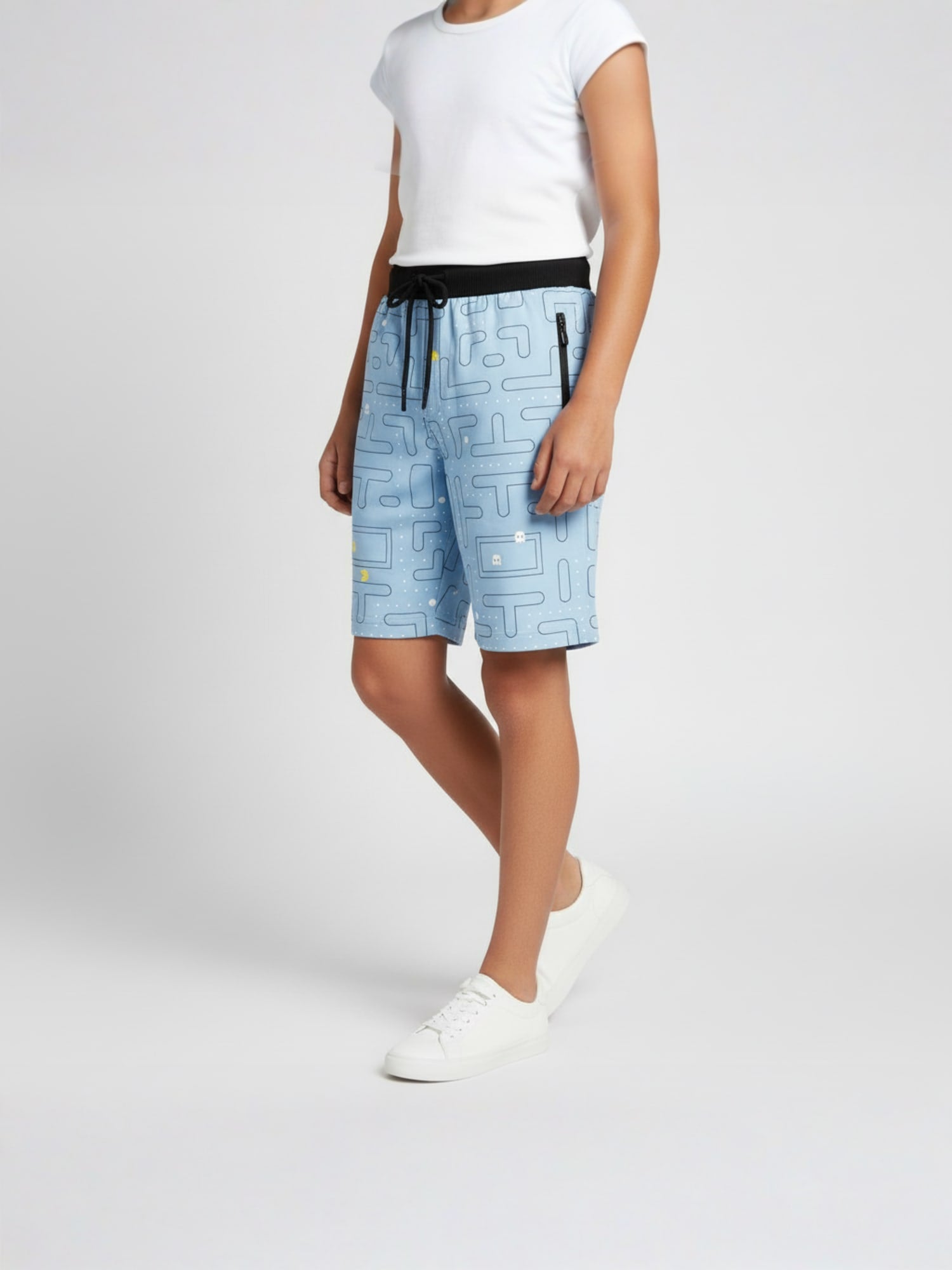 LIGHT SKY BLUE LYCRA PRINT SHORTS WITH 2 SIDE ZIPPERS