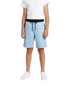 LIGHT SKY BLUE LYCRA PRINT SHORTS WITH 2 SIDE ZIPPERS