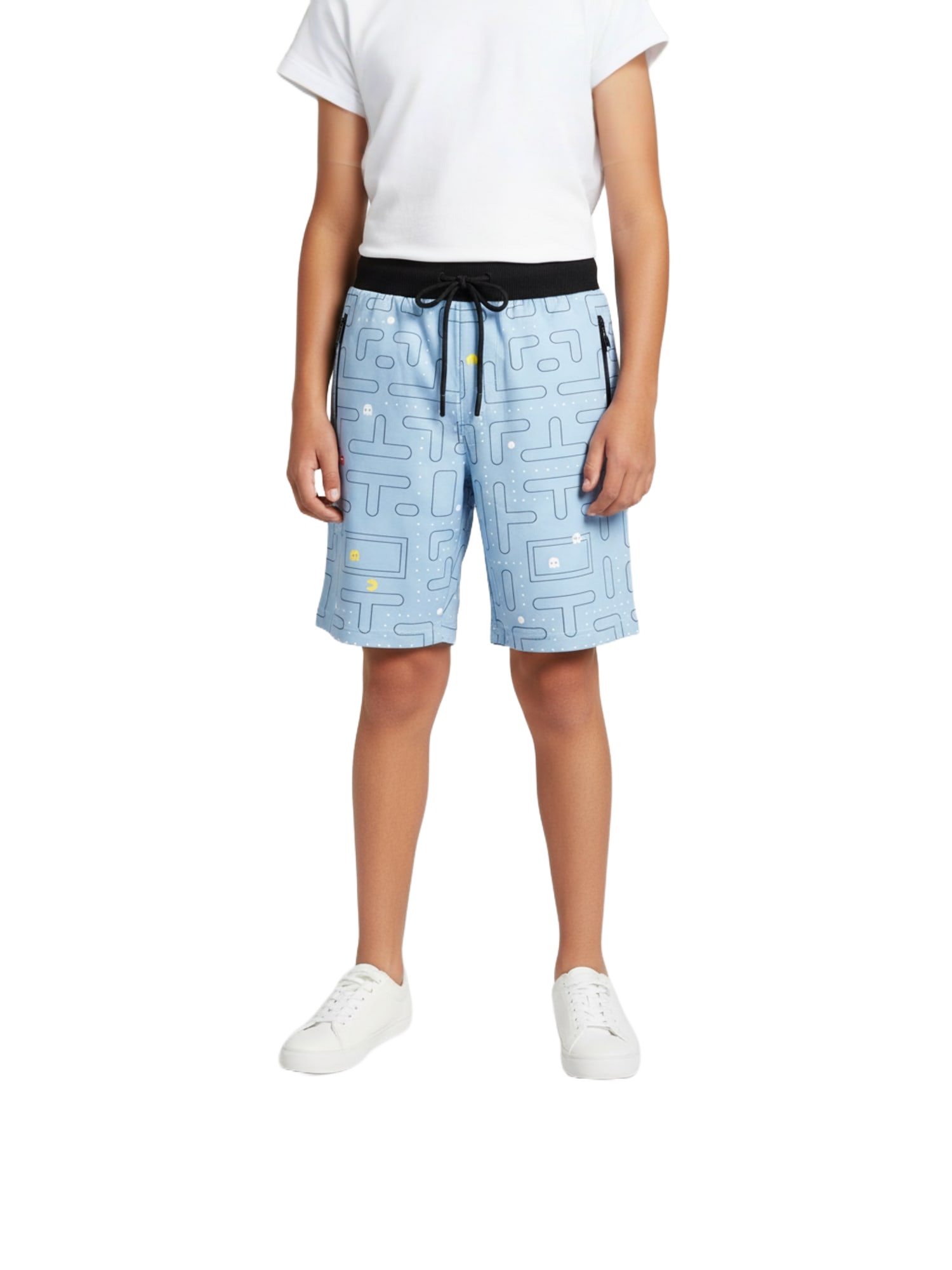 LIGHT SKY BLUE LYCRA PRINT SHORTS WITH 2 SIDE ZIPPERS