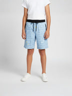LIGHT SKY BLUE LYCRA PRINT SHORTS WITH 2 SIDE ZIPPERS