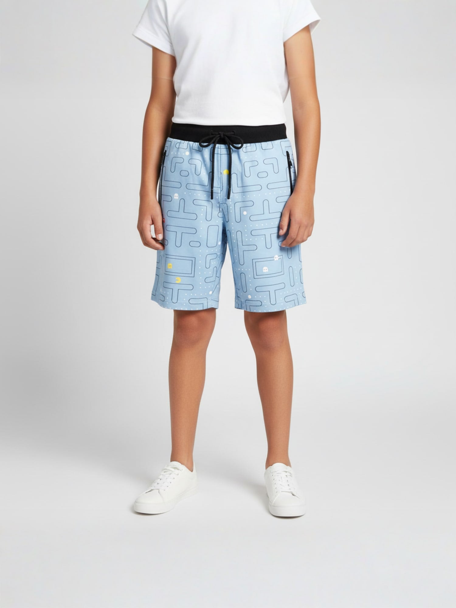 LIGHT SKY BLUE LYCRA PRINT SHORTS WITH 2 SIDE ZIPPERS