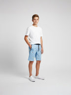 LIGHT SKY BLUE LYCRA PRINT SHORTS WITH 2 SIDE ZIPPERS