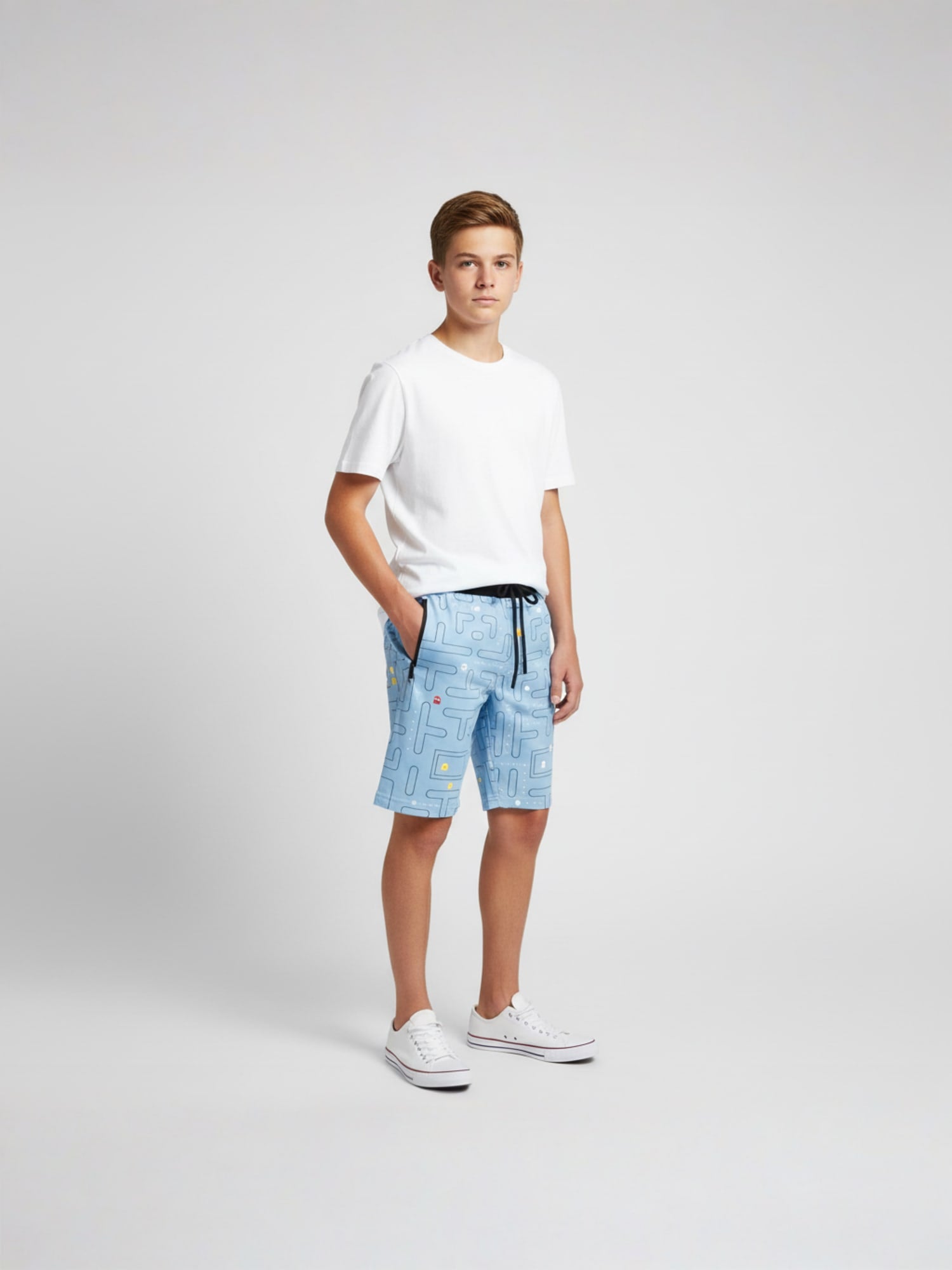 LIGHT SKY BLUE LYCRA PRINT SHORTS WITH 2 SIDE ZIPPERS