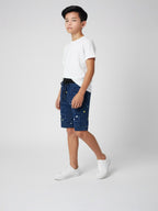 NAVY BLUE LYCRA PRINT SHORTS WITH 2 SIDE ZIPPERS