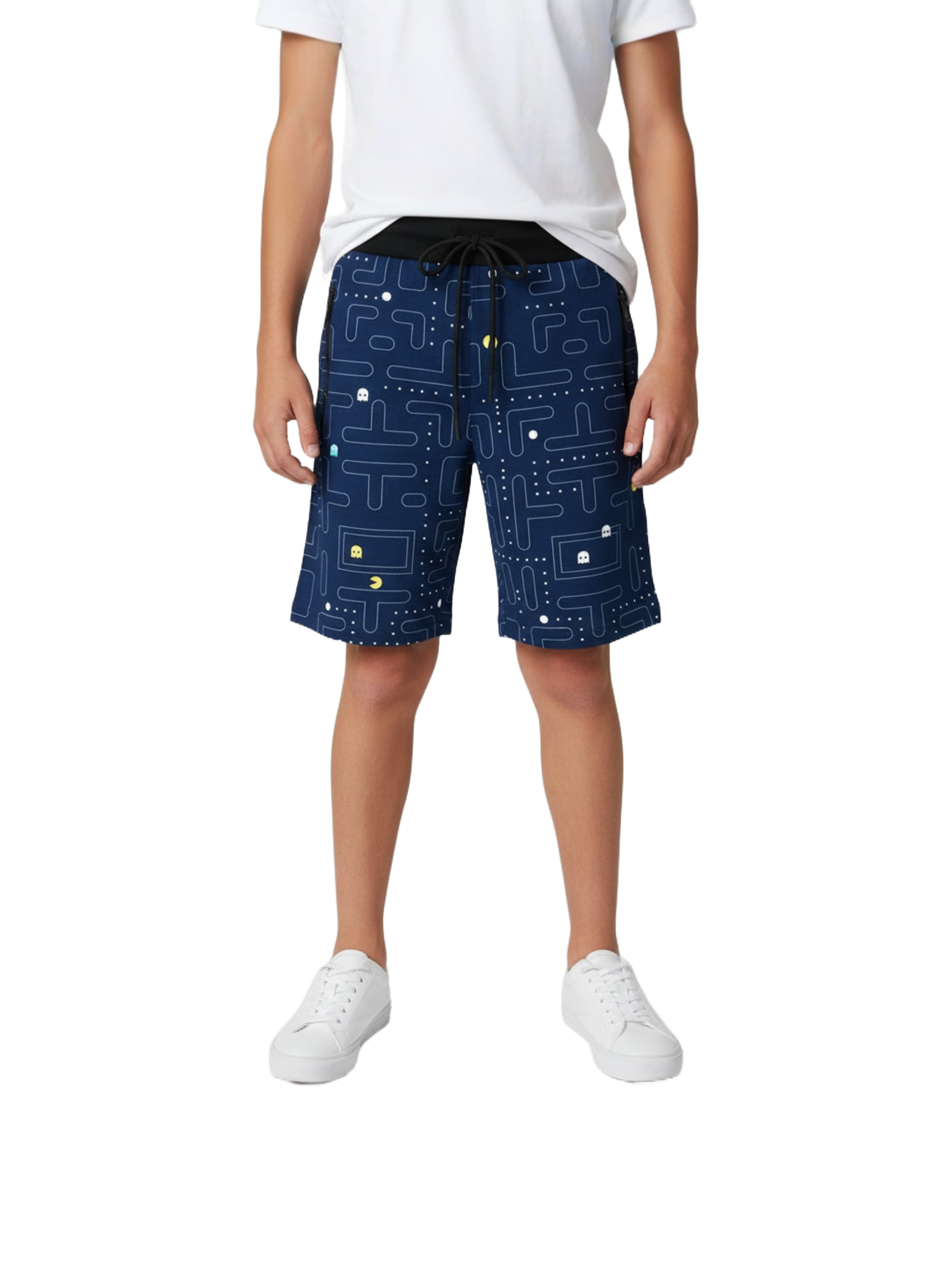 NAVY BLUE LYCRA PRINT SHORTS WITH 2 SIDE ZIPPERS