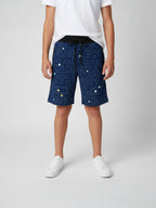 NAVY BLUE LYCRA PRINT SHORTS WITH 2 SIDE ZIPPERS