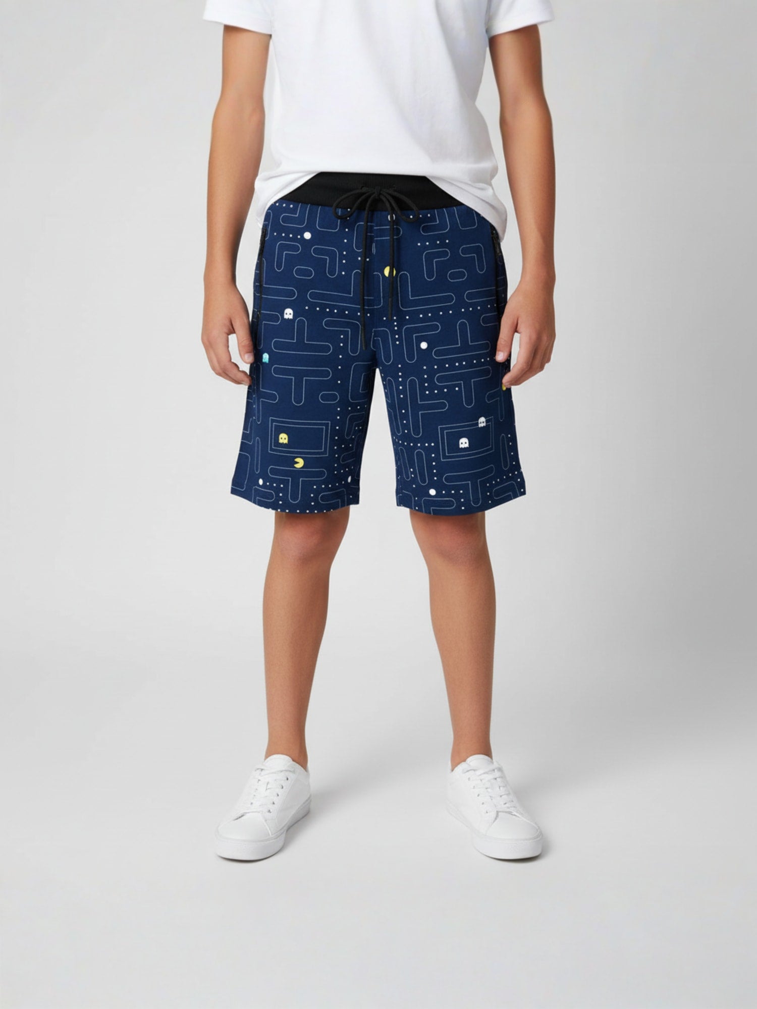 NAVY BLUE LYCRA PRINT SHORTS WITH 2 SIDE ZIPPERS