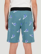 LIGHT SKY BLUE LYCRA PRINT SHORTS WITH 2 SIDE ZIPPERS