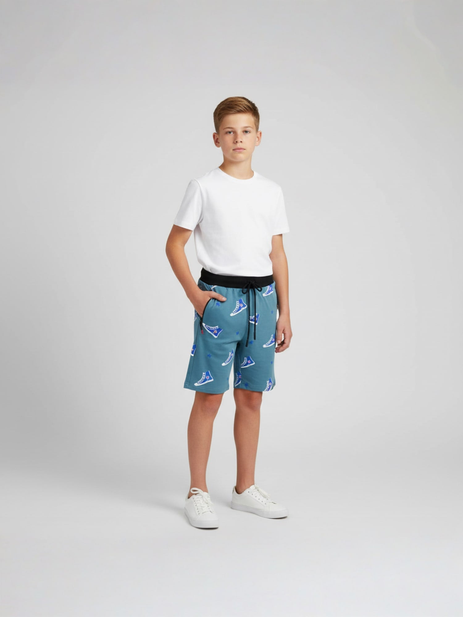 LIGHT SKY BLUE LYCRA PRINT SHORTS WITH 2 SIDE ZIPPERS