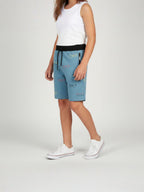 LIGHT SKY BLUE LYCRA PRINT SHORTS WITH 2 SIDE ZIPPERS