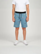 LIGHT SKY BLUE LYCRA PRINT SHORTS WITH 2 SIDE ZIPPERS