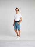LIGHT SKY BLUE LYCRA PRINT SHORTS WITH 2 SIDE ZIPPERS