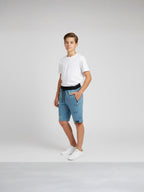 LIGHT SKY BLUE LYCRA PRINT SHORTS WITH 2 SIDE ZIPPERS
