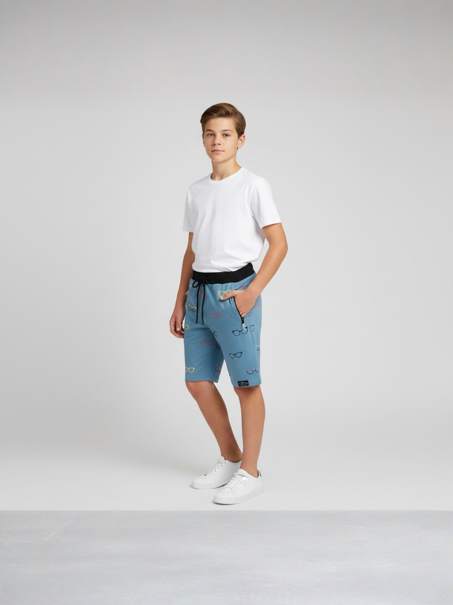 LIGHT SKY BLUE LYCRA PRINT SHORTS WITH 2 SIDE ZIPPERS