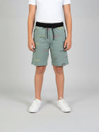 OLIVE LYCRA PRINT SHORTS WITH 2 SIDE ZIPPERS