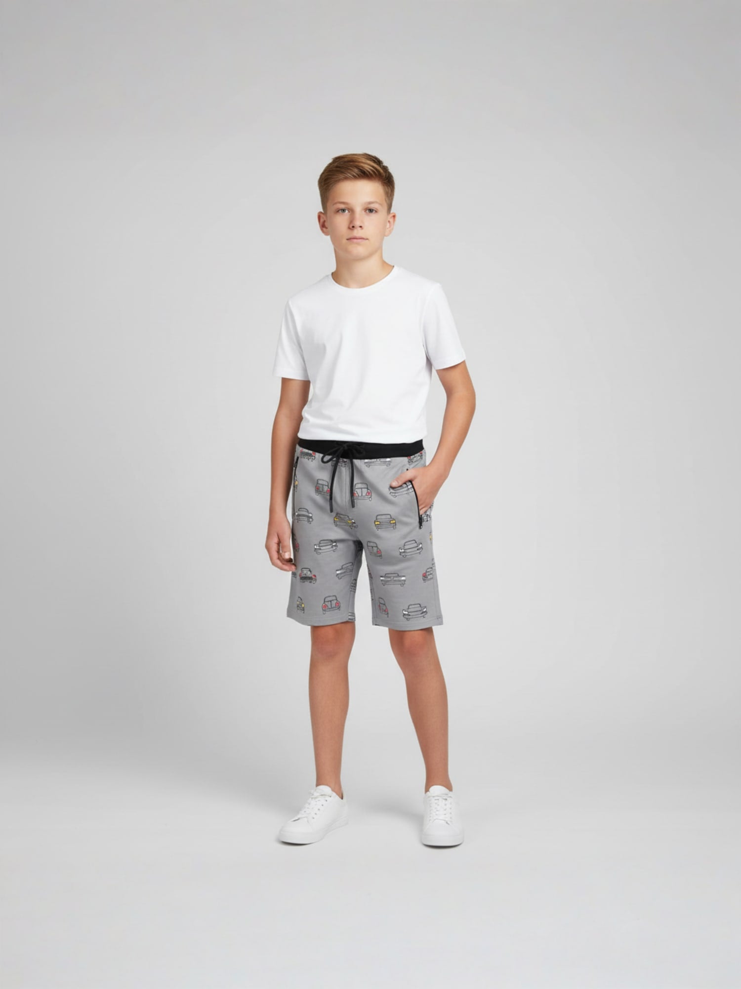 GREY LYCRA PRINT SHORTS WITH 2 SIDE ZIPPERS