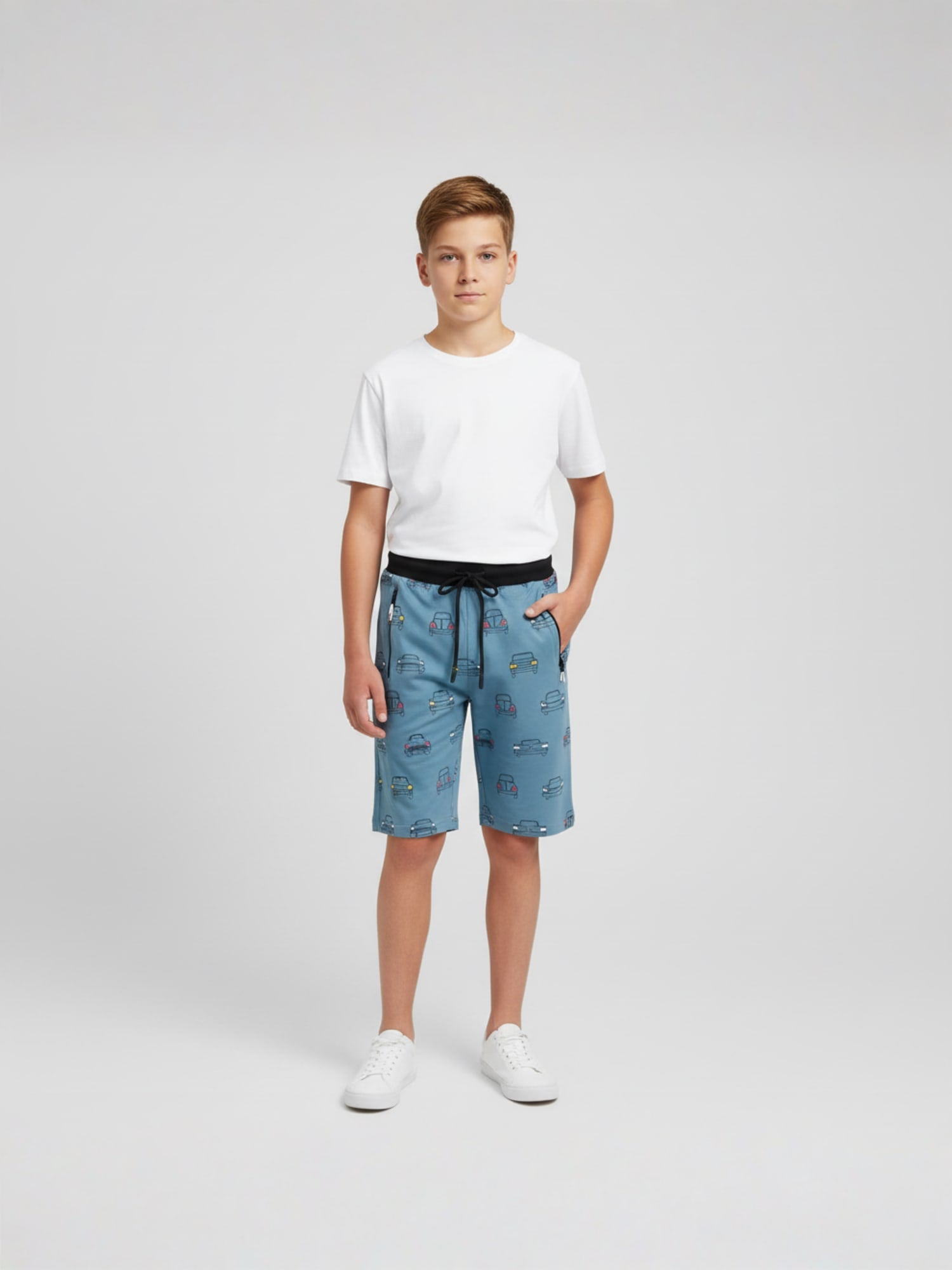 LIGHT SKY BLUE LYCRA PRINT SHORTS WITH 2 SIDE ZIPPERS