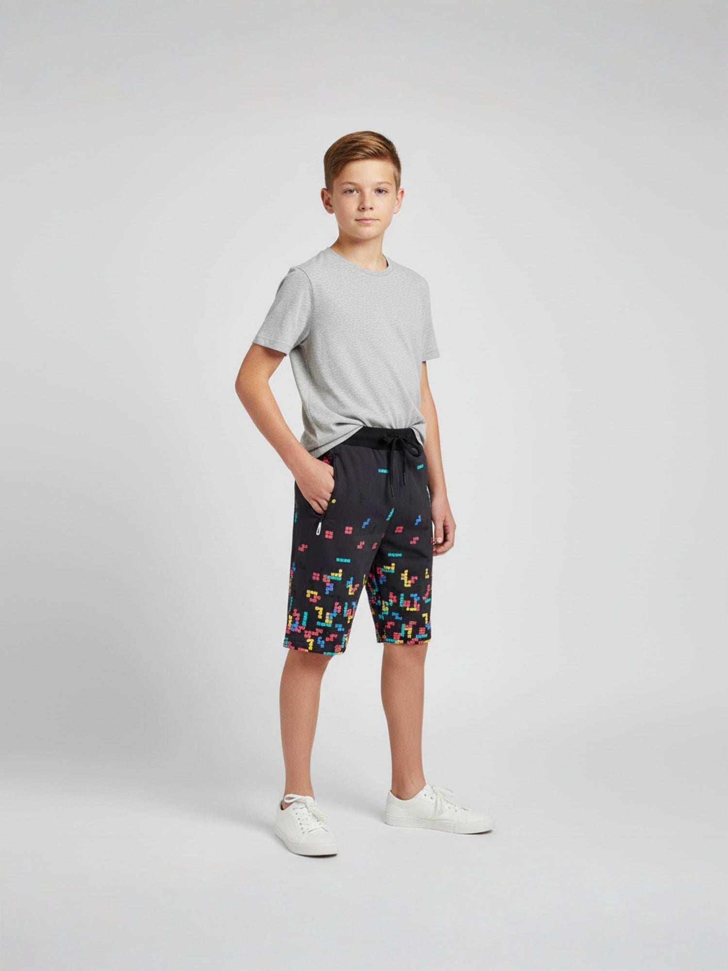 DARK GREY LYCRA PRINT SHORTS WITH 2 SIDE ZIPPERS