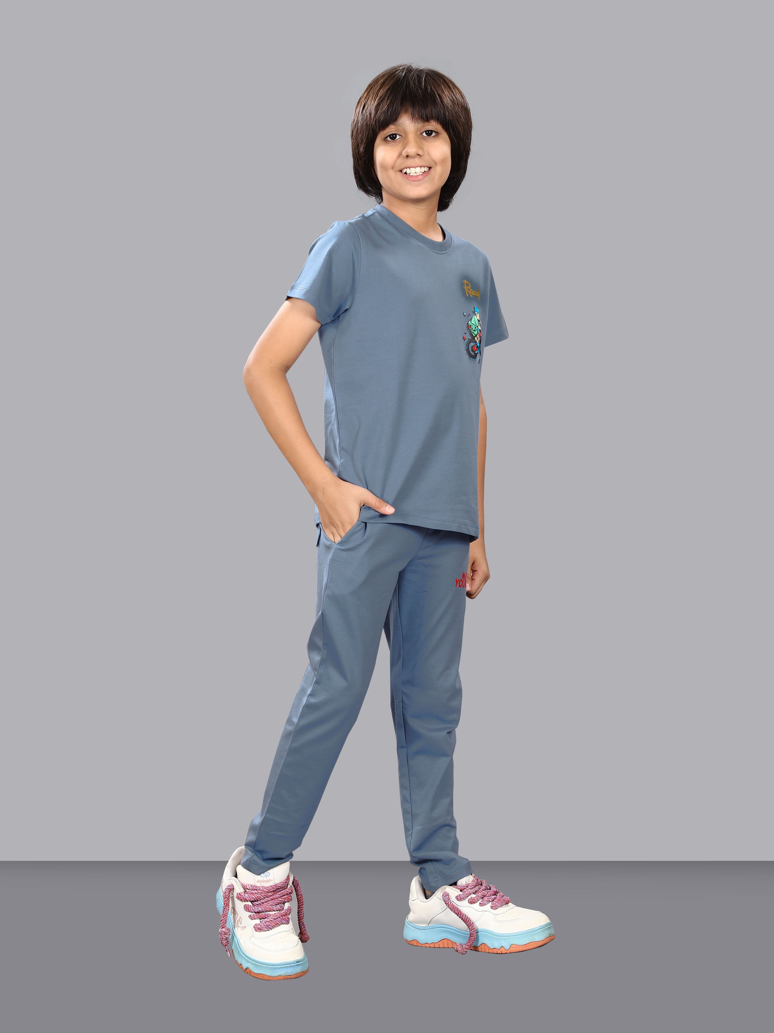 STEEL BLUE FULL PANT CO-ORDS WITH A TOUCH OF CLASS