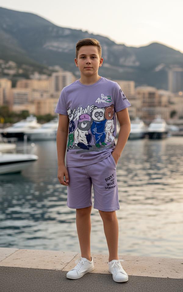 PURPLE YOUTH TREND SHORTS CO-ORD SET