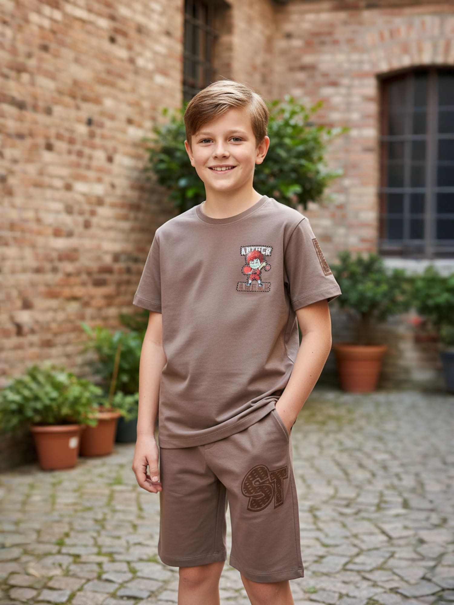 BROWN YOUTH TREND SHORTS CO-ORD SET