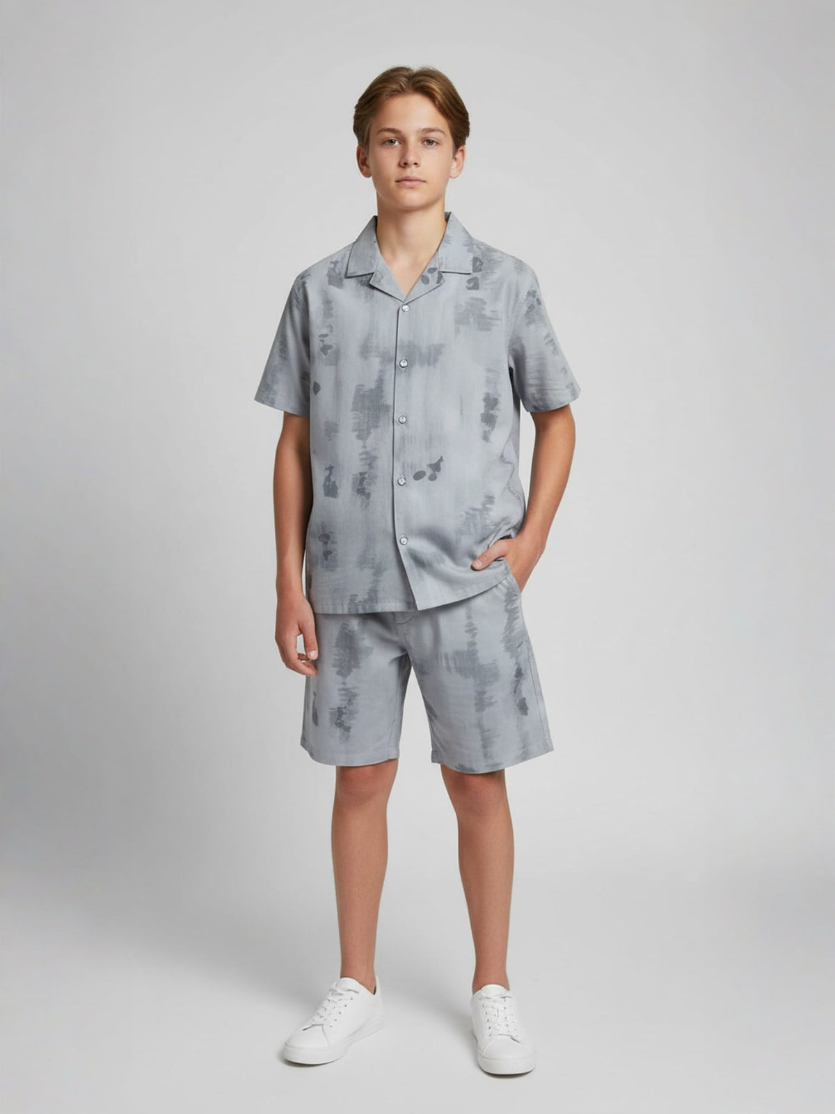 GREY COTTON SHORTS CUBIC COLLAR CO-ORD SET