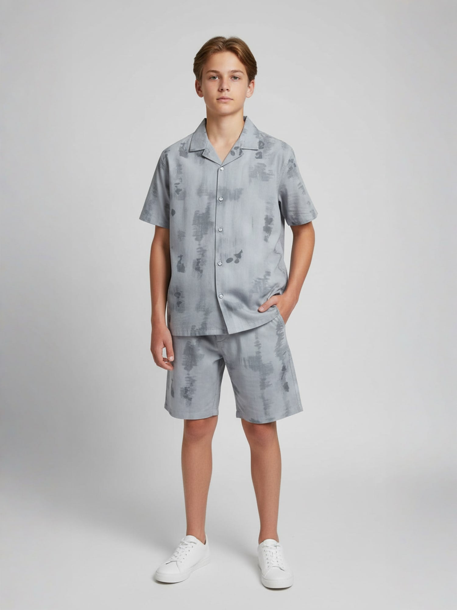 GREY COTTON SHORTS CUBIC COLLAR CO-ORD SET