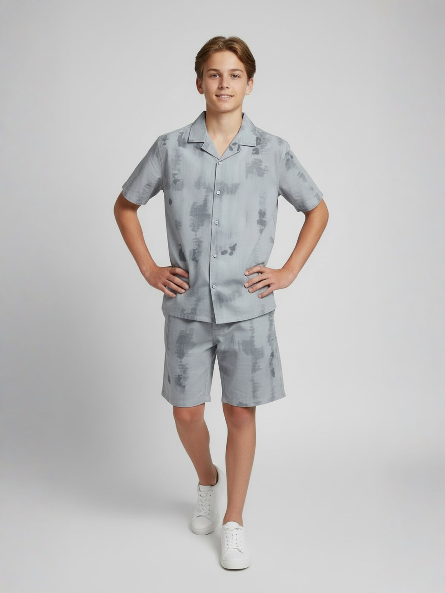 GREY COTTON SHORTS CUBIC COLLAR CO-ORD SET