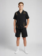 BLACK EMBROIDERY FABRIC CUBIC COLLAR CO-ORD SET