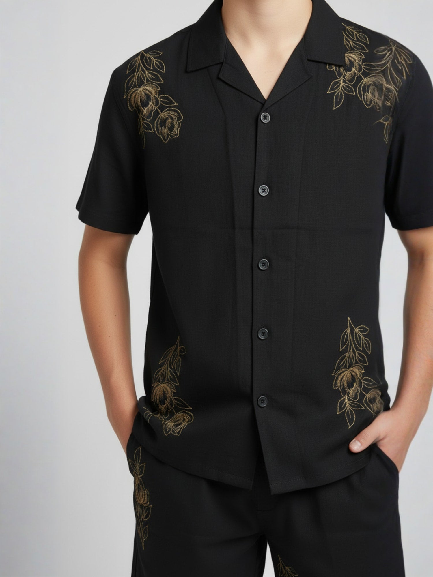 BLACK EMBROIDERY FABRIC CUBIC COLLAR CO-ORD SET