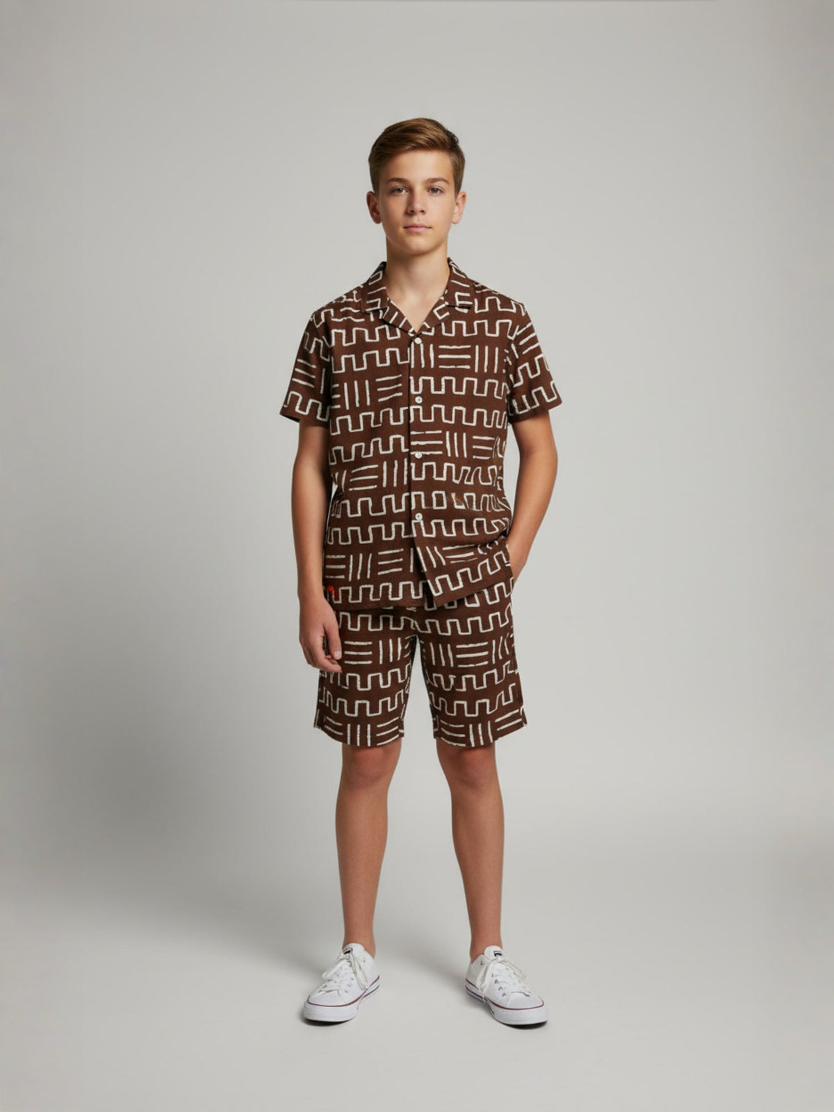 BROWN COTTON SHORTS CUBIC COLLAR CO-ORD SET