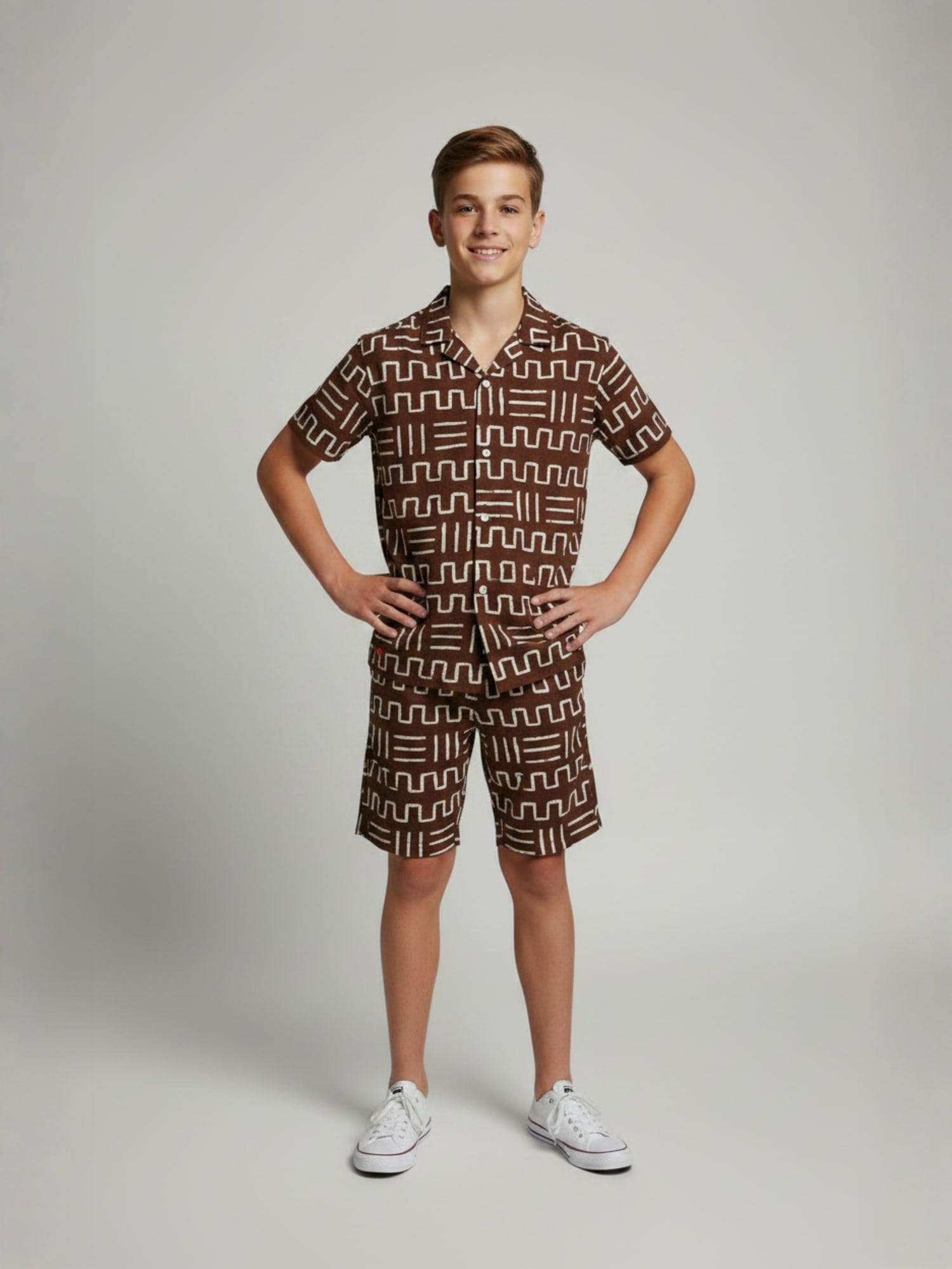 BROWN COTTON SHORTS CUBIC COLLAR CO-ORD SET