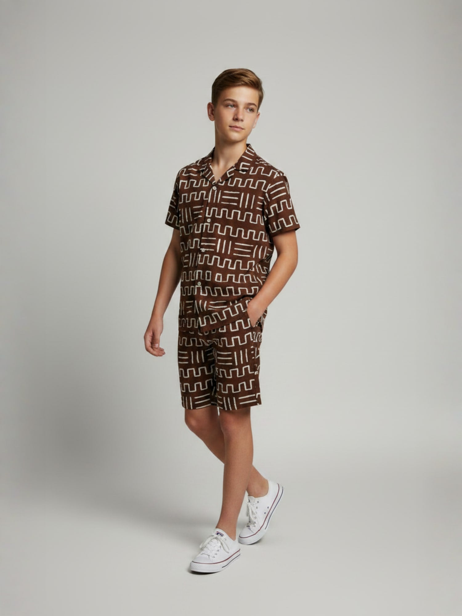 BROWN COTTON SHORTS CUBIC COLLAR CO-ORD SET