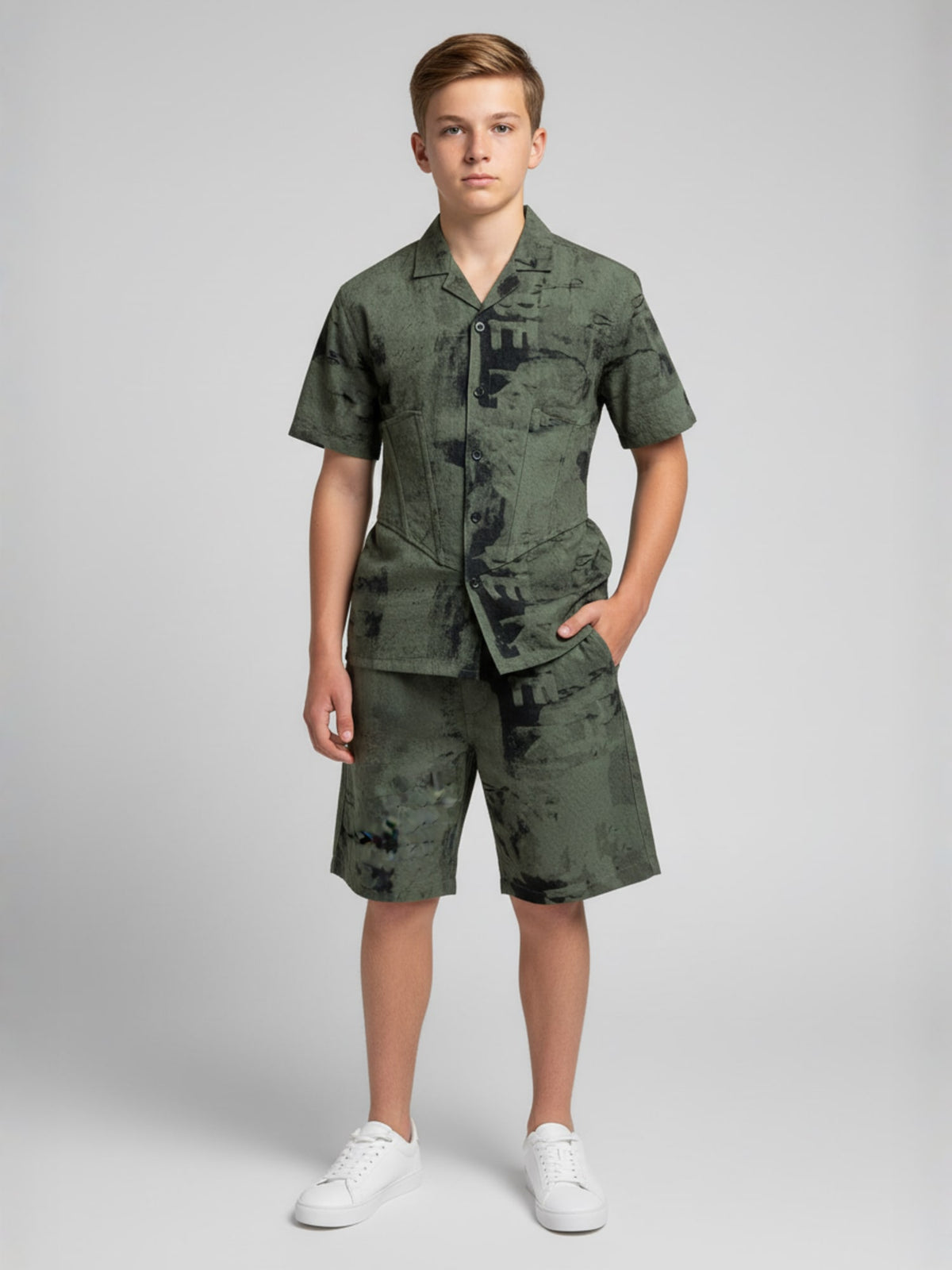 OLIVE COTTON SHORTS CUBIC COLLAR CO-ORD SET