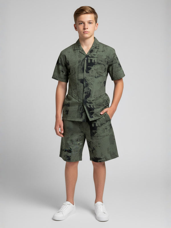 OLIVE COTTON SHORTS CUBIC COLLAR CO-ORD SET