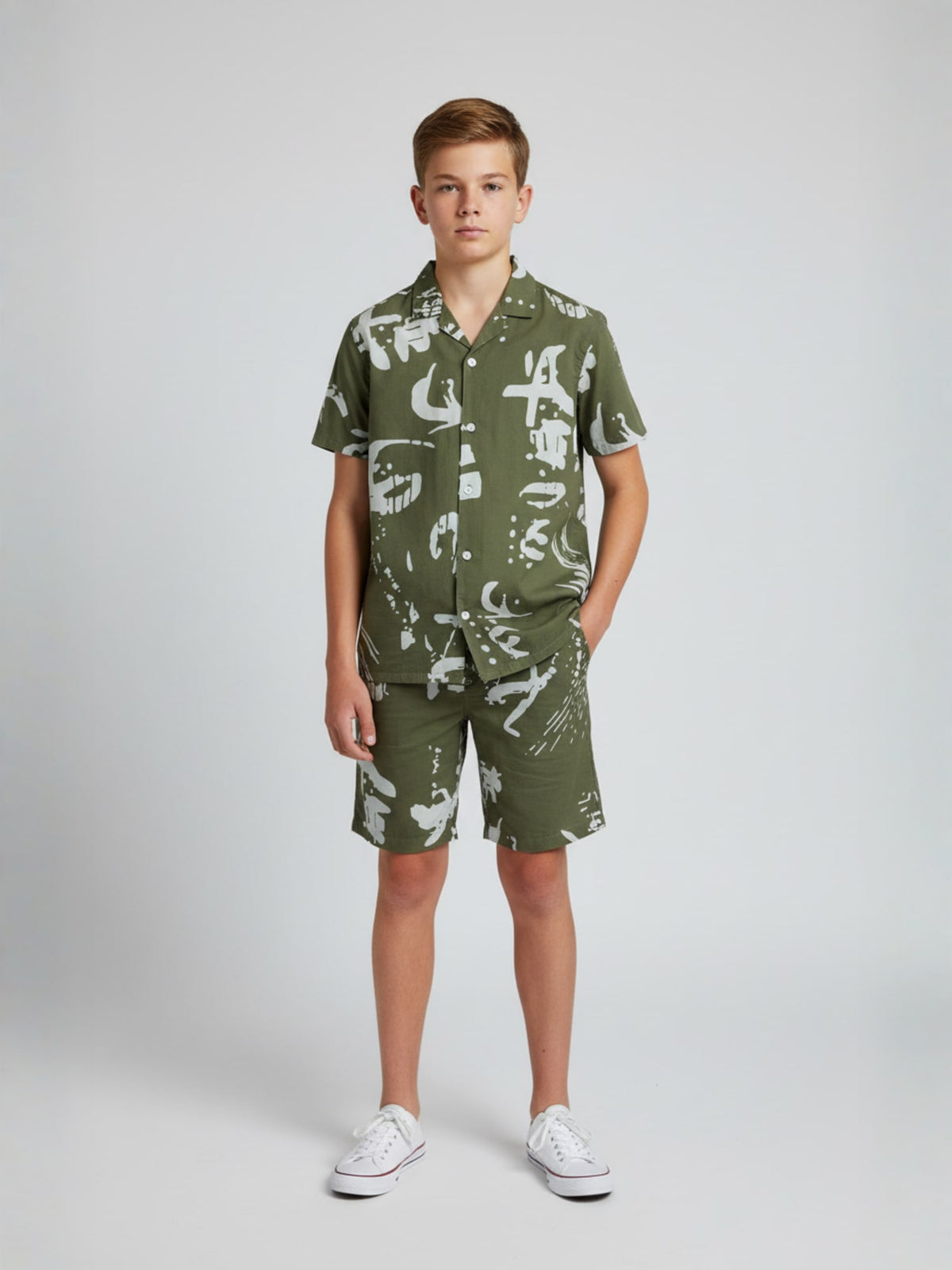 GREEN COTTON SHORTS CUBIC COLLAR CO-ORD SET