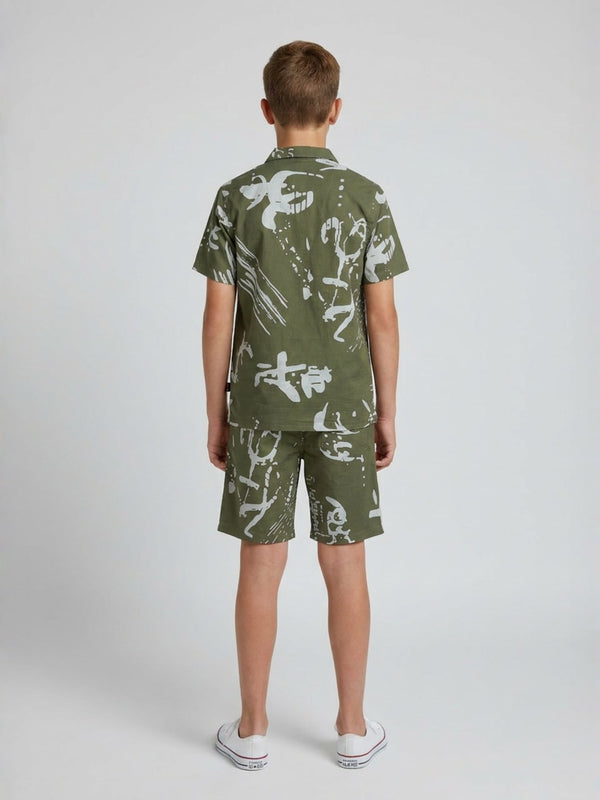 GREEN COTTON SHORTS CUBIC COLLAR CO-ORD SET