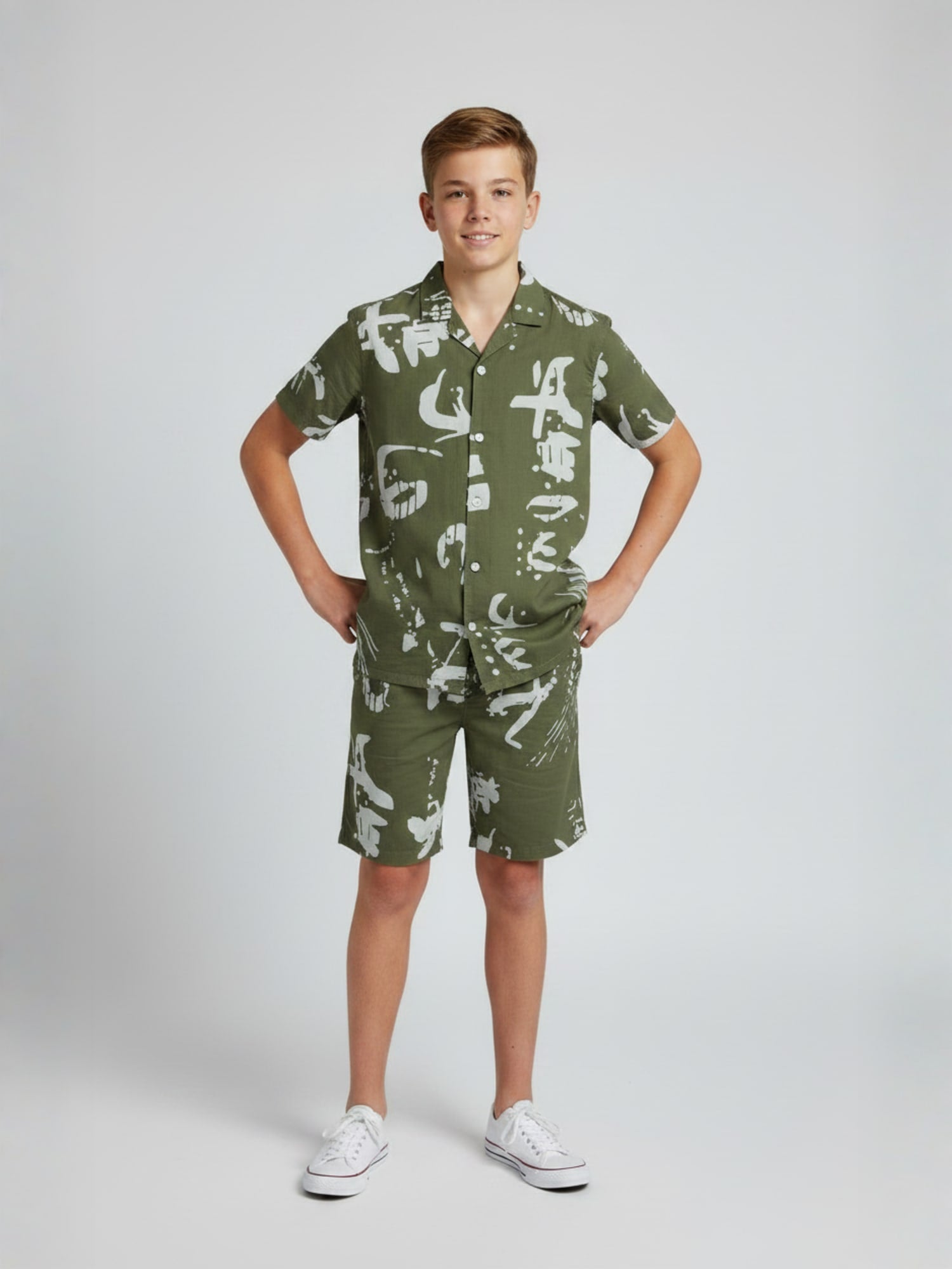 GREEN COTTON SHORTS CUBIC COLLAR CO-ORD SET