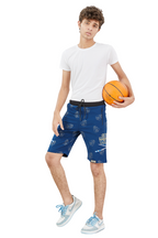 NAVY BLUE LYCRA PRINT SHORTS WITH 2 SIDE ZIPPERS