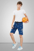 NAVY BLUE LYCRA PRINT SHORTS WITH 2 SIDE ZIPPERS