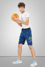 NAVY BLUE LYCRA PRINT SHORTS WITH 2 SIDE ZIPPERS