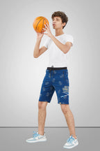 NAVY BLUE LYCRA PRINT SHORTS WITH 2 SIDE ZIPPERS